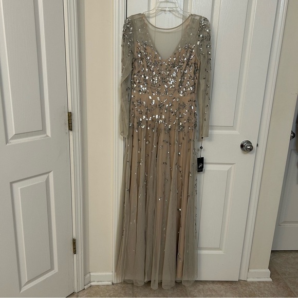 Adrianna Papell Beaded Sheer Long Sleeve V-back Ballgown in Silver/Nude - Picture 4 of 9